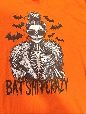Delta Orange Halloween Graphic Tee - 'Bat Shit Crazy' Skeleton Woman